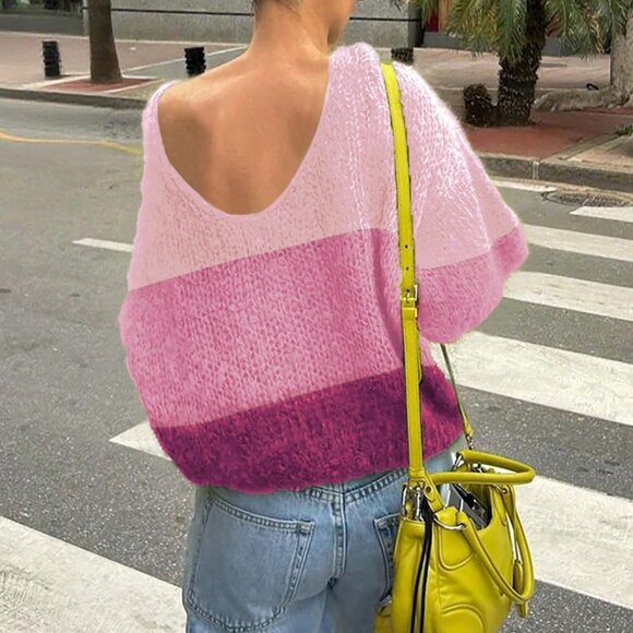 Multicolor Loose Fit Women's Color Block Backless Cropped Sweater - Picture 3 of 6